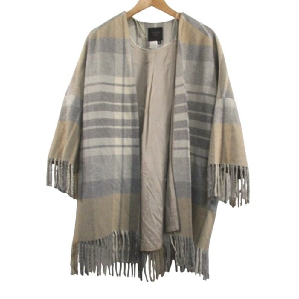 Helene London Womens Plaid Longline Poncho‎ Jacket M Beige Fringe Lined  Luxury
